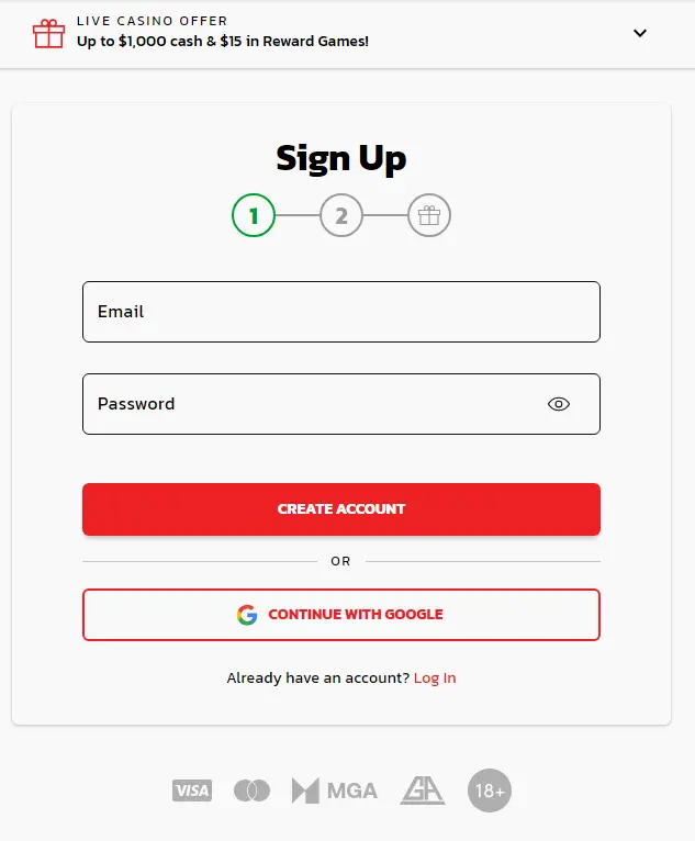 Registration form at royal panda